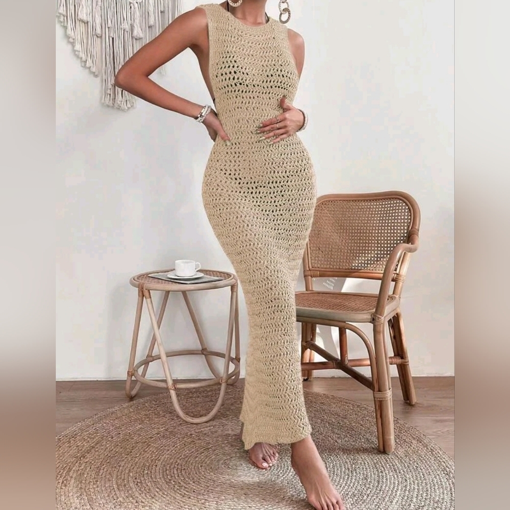 NEW Chic Crochet Knit Bodycon Maxi Swim Cover Up Dress Khaki Tan Beige